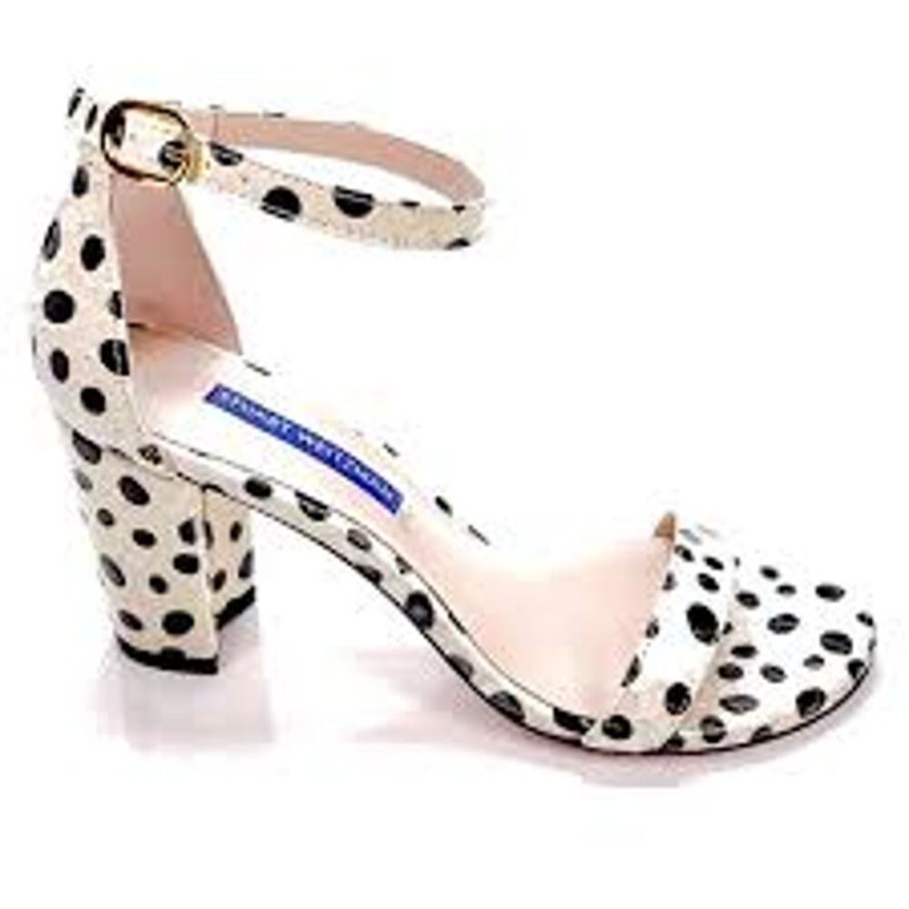 NWT Stuart Weitzman Cream Polka Dot Dalmation Block Heel Sandals Size EU 36.5